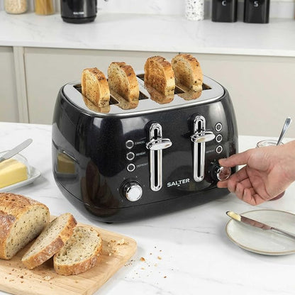 Salter Boston Kettle, 4 Slice Toaster, Bread Bin & Canisters Kitchen Set (Black)