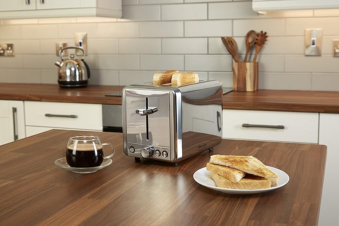 Swan Polished Stainless Steel Kettle & 2 Slice Toaster Silver Matching Kitchen Set (Silver)