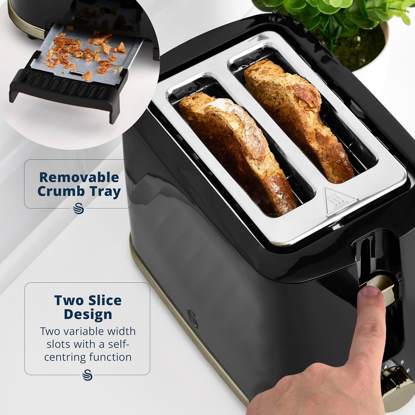 Swan Windsor Textured Kettle & 2 Slice Toaster Set (Black/Gunmetal Brass Trim)