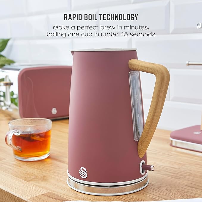 Swan Nordic Kettle & 4 Slice Toaster Kitchen Set Wood Accents (Fuchsia Rose)