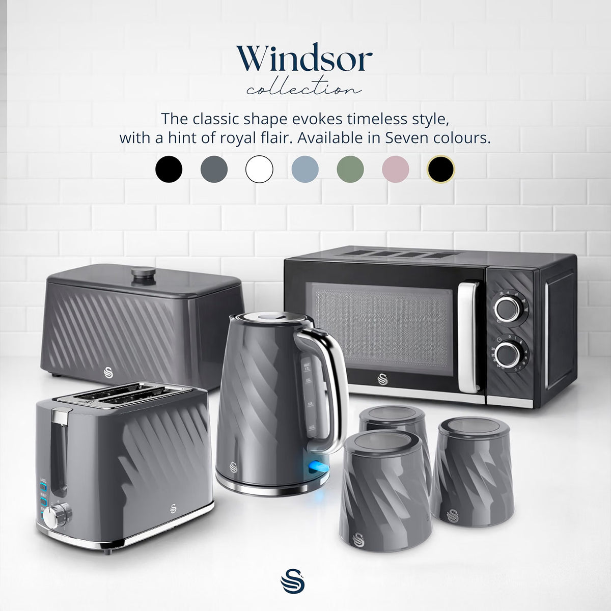 Swan Windsor Kettle, 2 Slice Toaster & Microwave Kitchen Set (Grey)