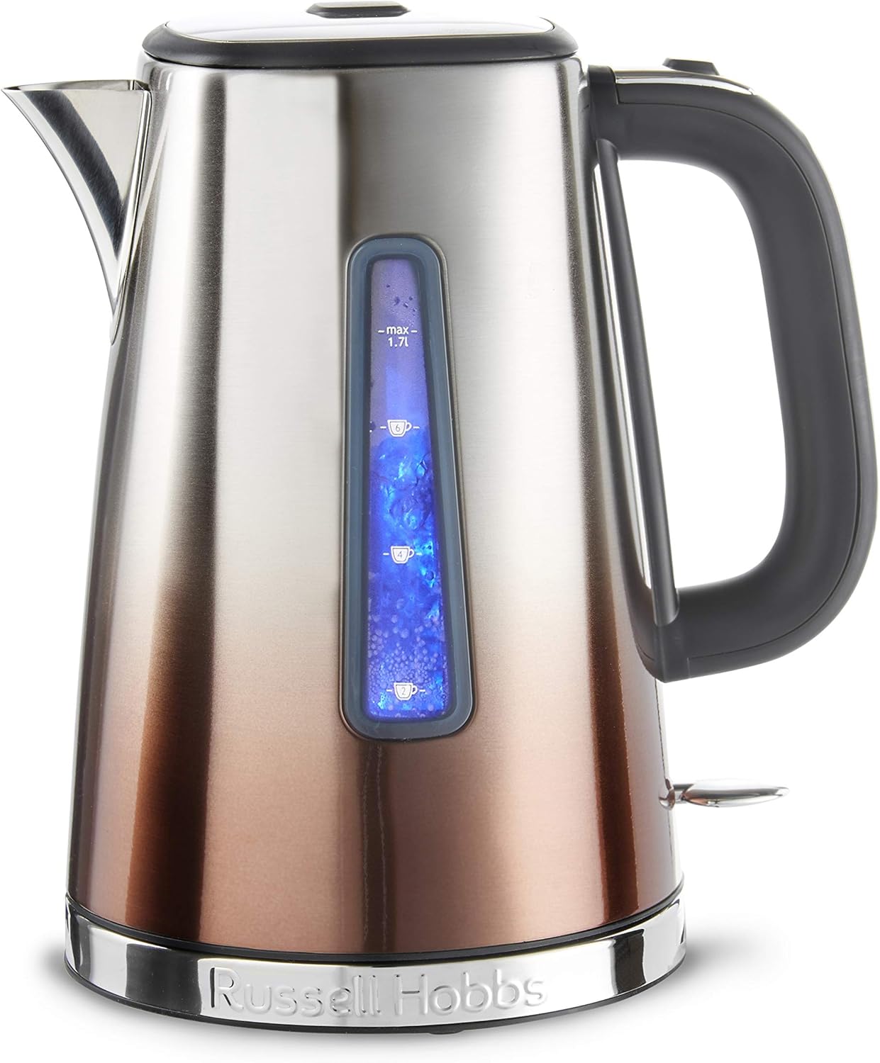 Stainless steel kettle with digital display on a white background