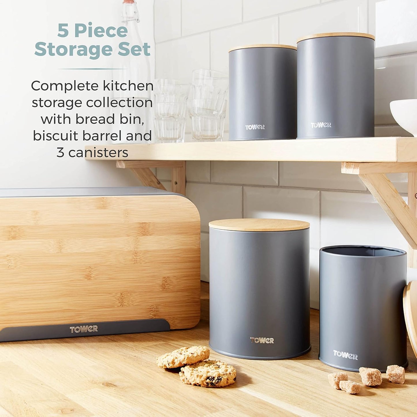 Tower Scandi Grey Kitchen Set T826140GRY Bread Bin, Canisters, Barrel