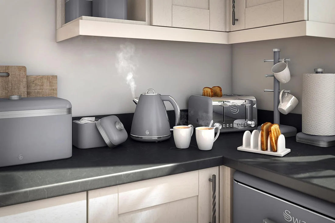 Swan Grey Kitchen Set Kettle 4 Slice Toaster Bread Bin Canisters Towel Pole Mug Tree Retro