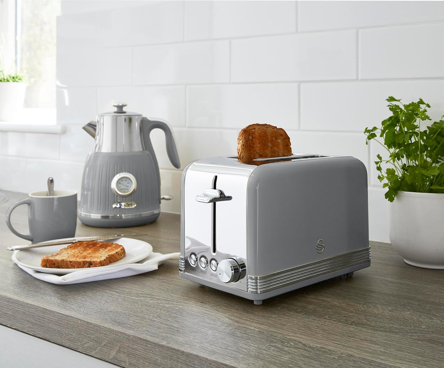 Swan Retro Grey Kettle, 2 Slice Toaster, Bread Bin & Canisters Kitchen Set