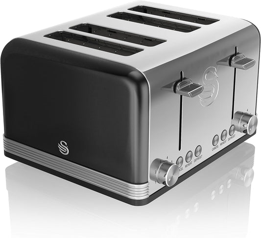 Swan Black 4 Slice Toaster Wide Slots Stainless Steel Retro Black ST19020BN