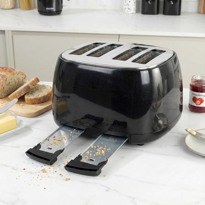 Salter Boston Kettle, 4 Slice Toaster, Bread Bin & Canisters Kitchen Set (Black)