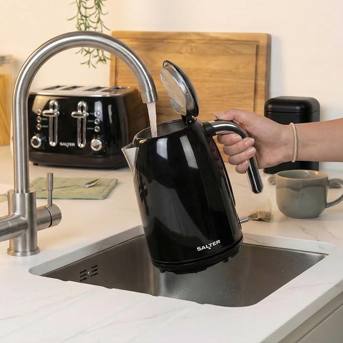 Salter Boston Kettle, 4 Slice Toaster, Bread Bin & Canisters Kitchen Set (Black)