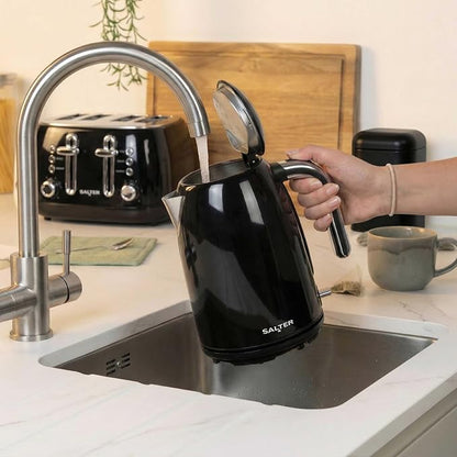 Salter Boston Kettle, 4 Slice Toaster, Bread Bin & Canisters Kitchen Set (Black)