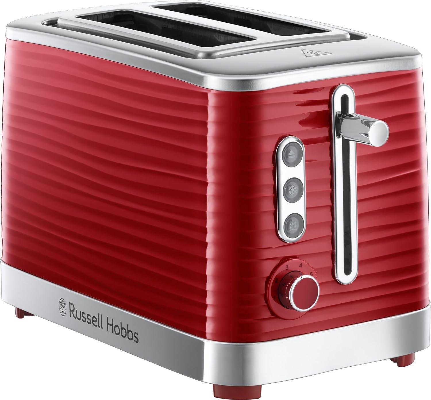 Red 2-slice toaster with gloss finish, side controls and vertical lever