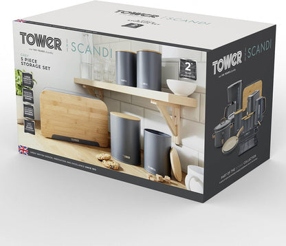 Tower Scandi Grey Kitchen Set T826140GRY Bread Bin, Canisters, Barrel