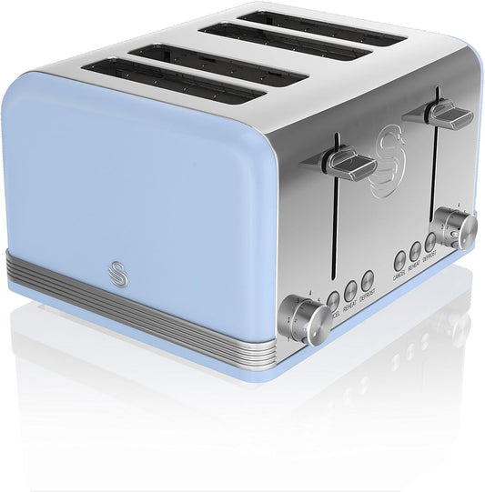 Swan Blue 4 Slice Toaster Wide Slots Retro Stainless Steel ST19020BLN