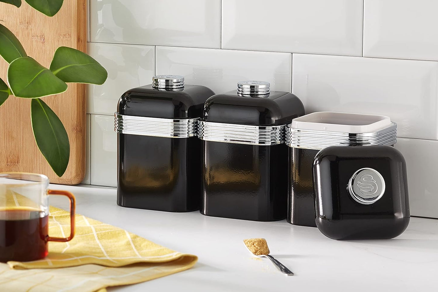 Swan Retro Kettle, 4 Slice Toaster, Bread Bin & Canisters Kitchen Set (Black)