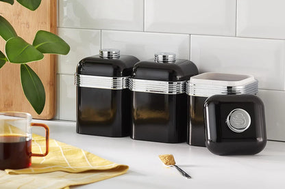 Swan Retro Black Kitchen Set - Kettle, 4 Slice Toaster, Bread Bin & Canisters