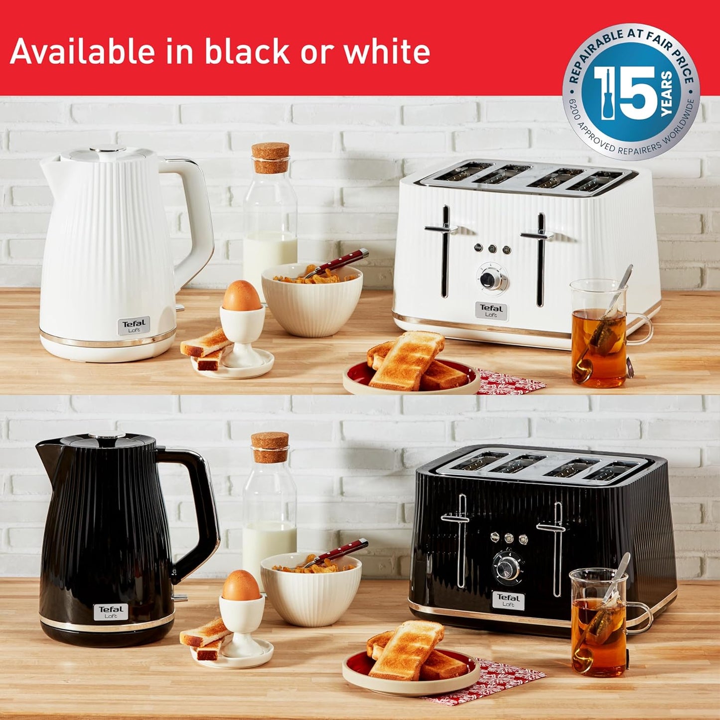 Tefal Loft Kettle & 4 Slice Toaster Matching Kitchen Set (White)