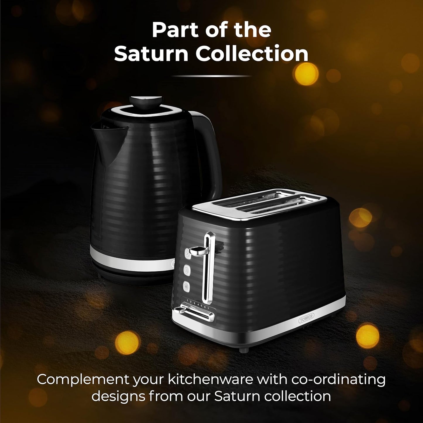 Tower Saturn Kettle & 2 Slice Toaster Kitchen Set (Black)