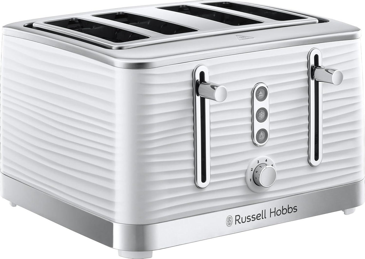 White 4-slice toaster with chrome levers and control dial, Russell Hobbs