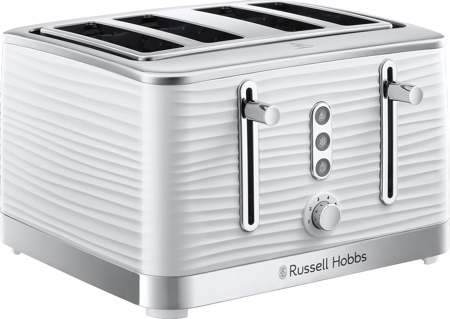 White 4-slice toaster with chrome levers and control dial, Russell Hobbs