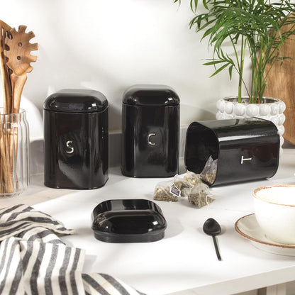 Salter Boston Kettle, 4 Slice Toaster, Bread Bin & Canisters Kitchen Set (Black)