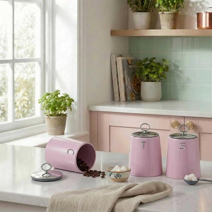 Salter Salter Retro Kettle, 2 Slice Toaster & Canisters Kitchen Set (Pink)