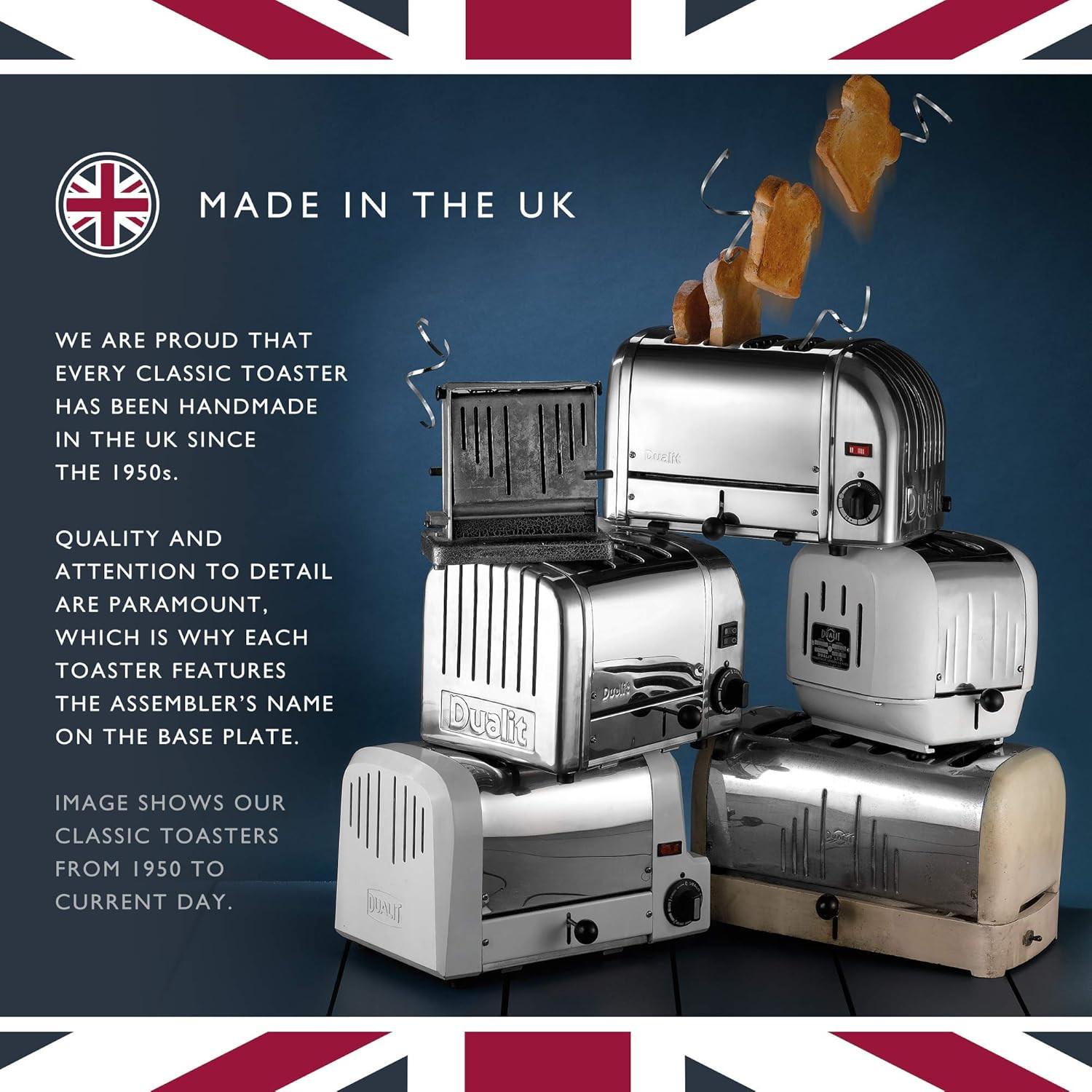 Two stainless steel toasters shown with UK-made badge and product feature callouts