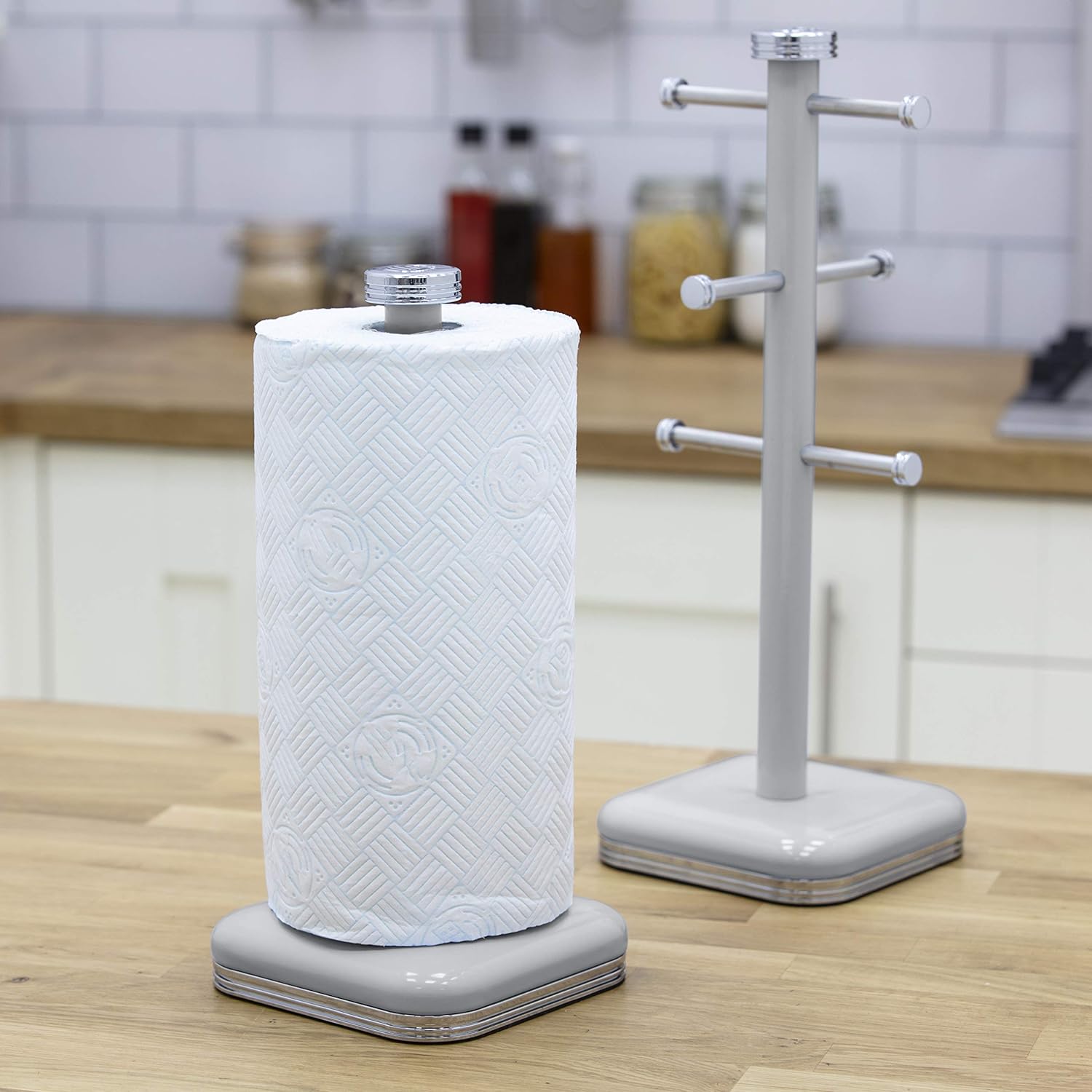 Swan Retro Kitchen Roll Holder Towel Pole Steel SWKA1040GRN Grey Vibe Home