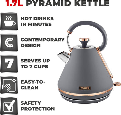 Tower Cavaletto Pyramid Kettle, 4 Slice Toaster & Canisters Kitchen Set (Grey)