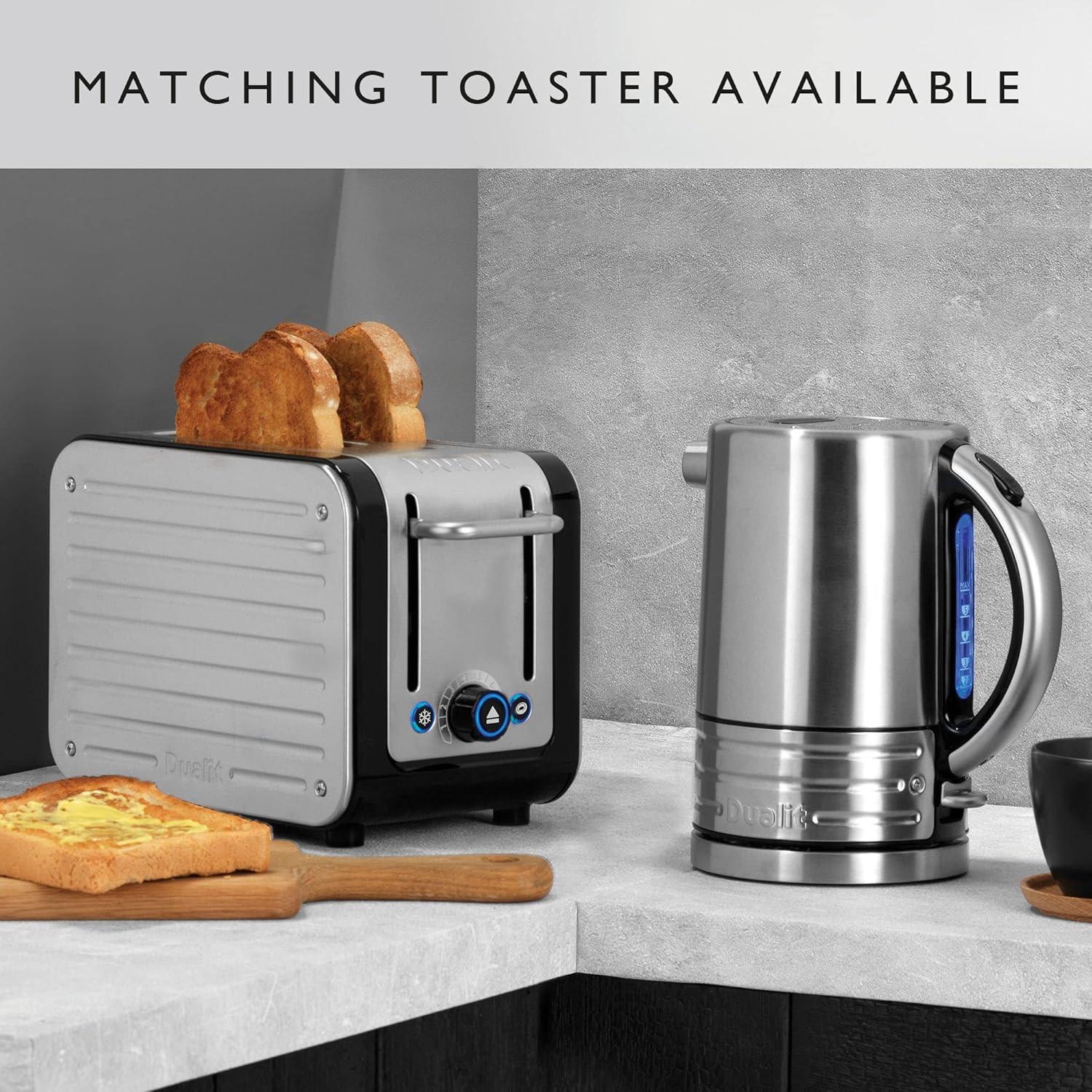 Stainless steel jug kettle and matching toaster on a countertop