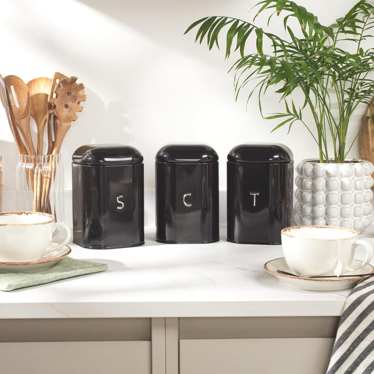 Salter Boston Kettle, 4 Slice Toaster, Bread Bin & Canisters Kitchen Set (Black)