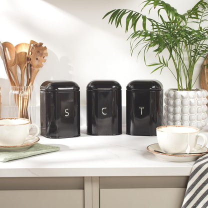 Salter Boston Kettle, 4 Slice Toaster, Bread Bin & Canisters Kitchen Set (Black)