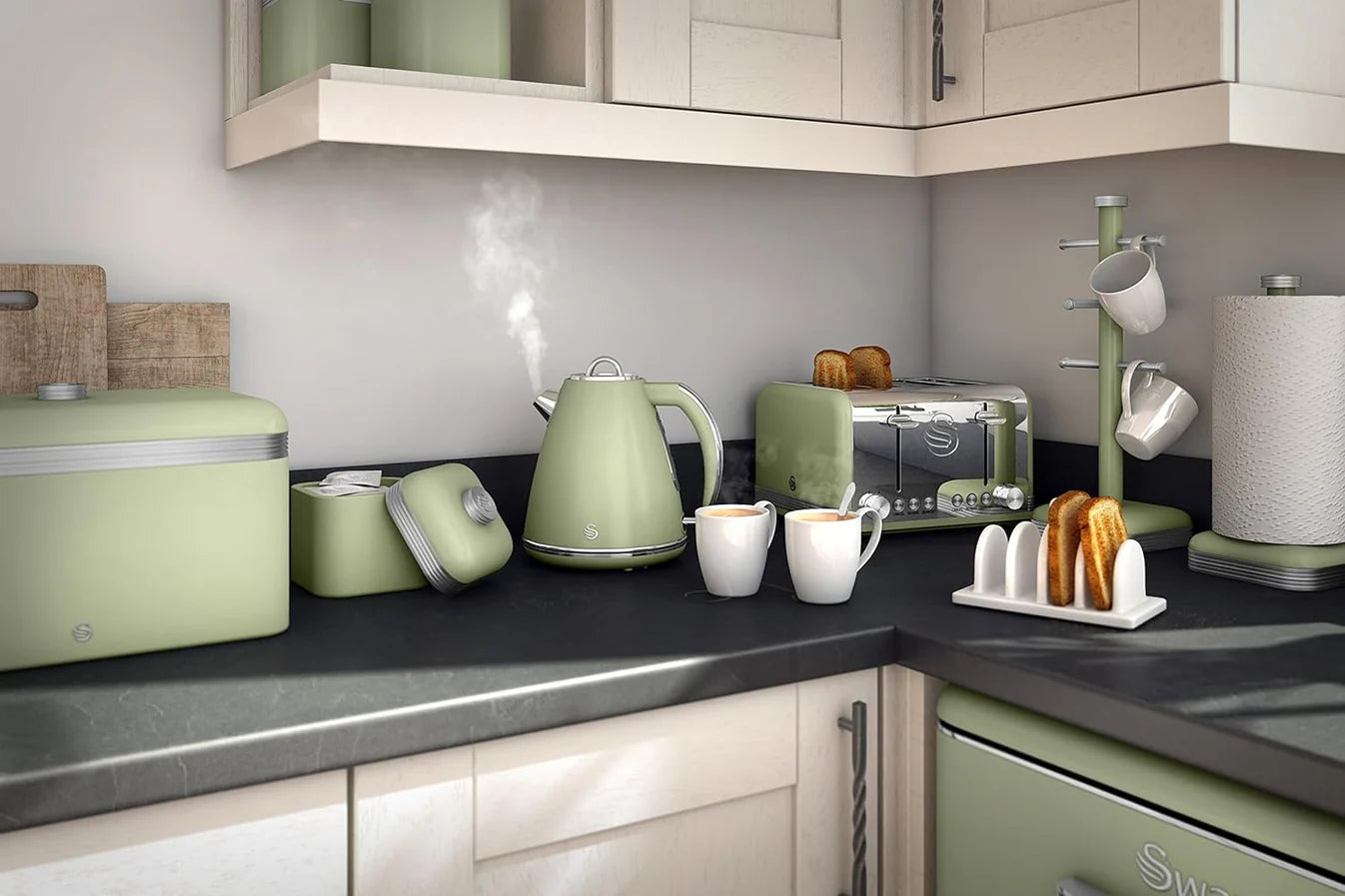 Swan Retro Green Kitchen Set Kettle, Toaster, Canisters, Mug Tree, Towel Holder