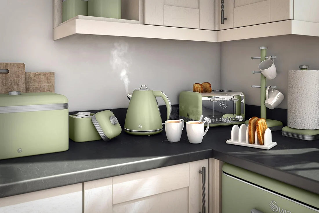 Swan Green Kitchen Set Kettle Toaster Bread Bin Canisters Towel Pole Mug Tree Retro