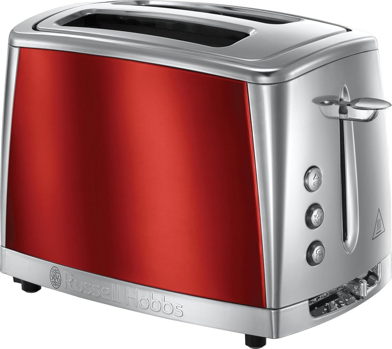 Red and stainless steel 2-slice toaster with lever and control buttons on the front