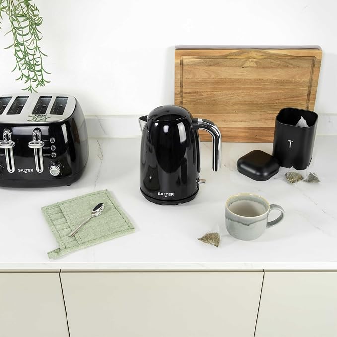 Salter Boston Kettle, 4 Slice Toaster, Bread Bin & Canisters Kitchen Set (Black)