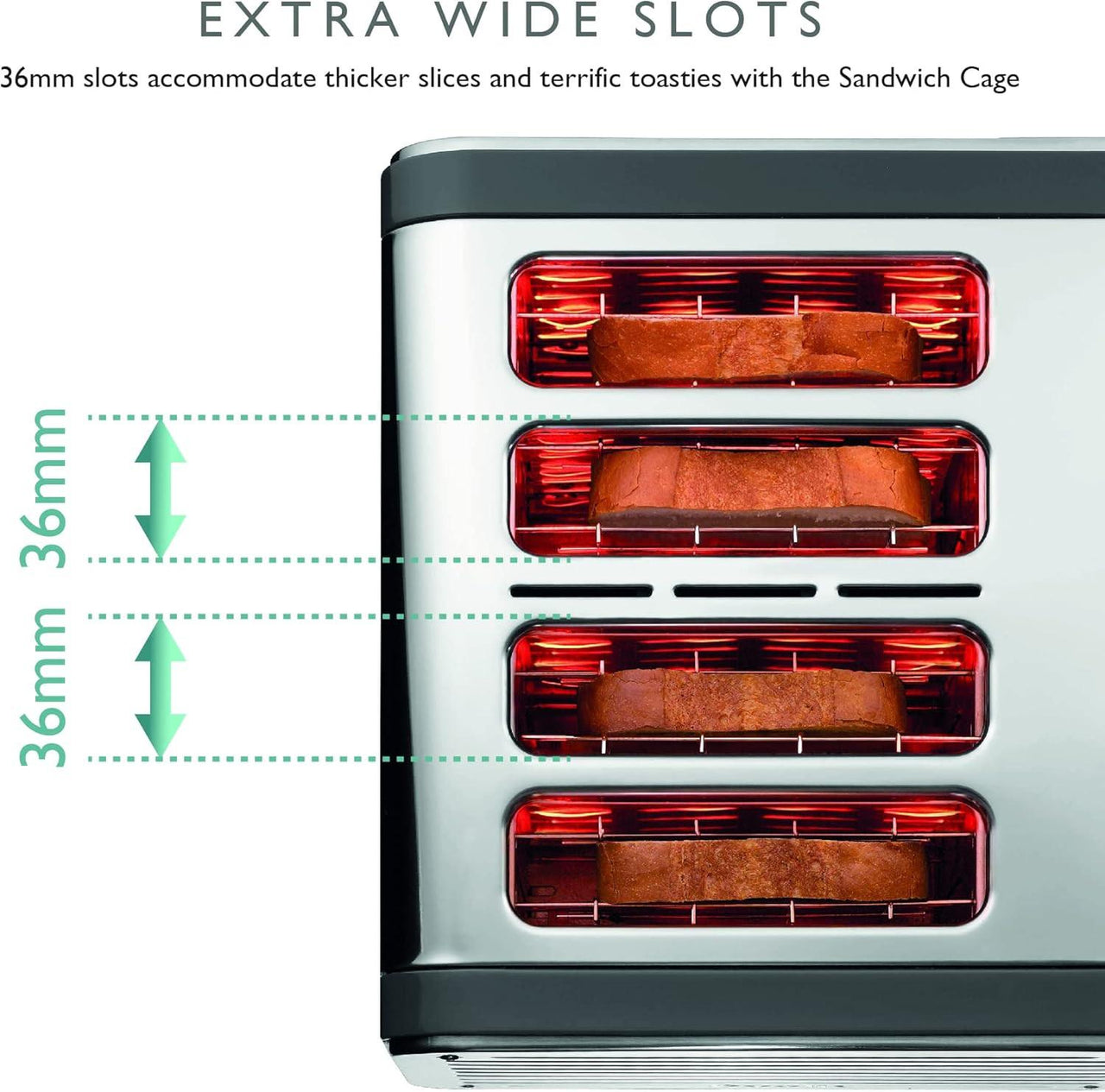Grey Dualit toaster front close-up with four extra-wide toasting slots