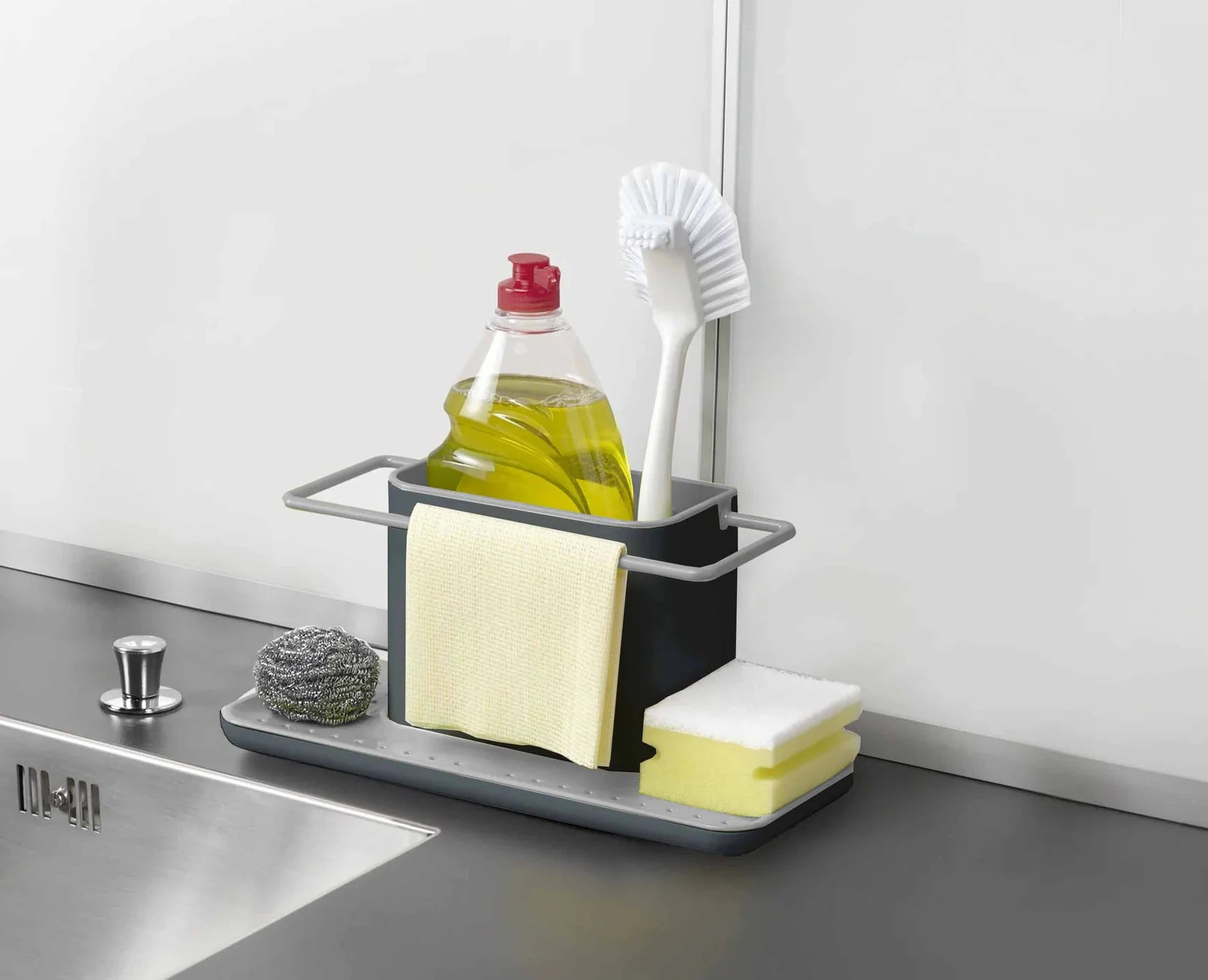 Grey XL kitchen sink caddy organizer with bottle, dish brush, and sponge