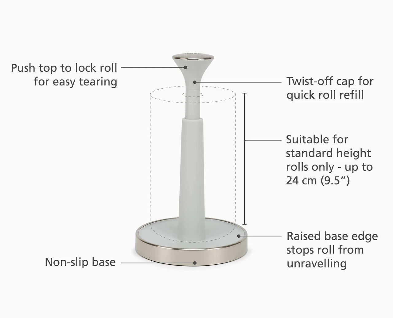 Joseph Joseph Grey Push & Tear Kitchen Roll Holder Towel Pole 851688 (Stone) - Vibe Home