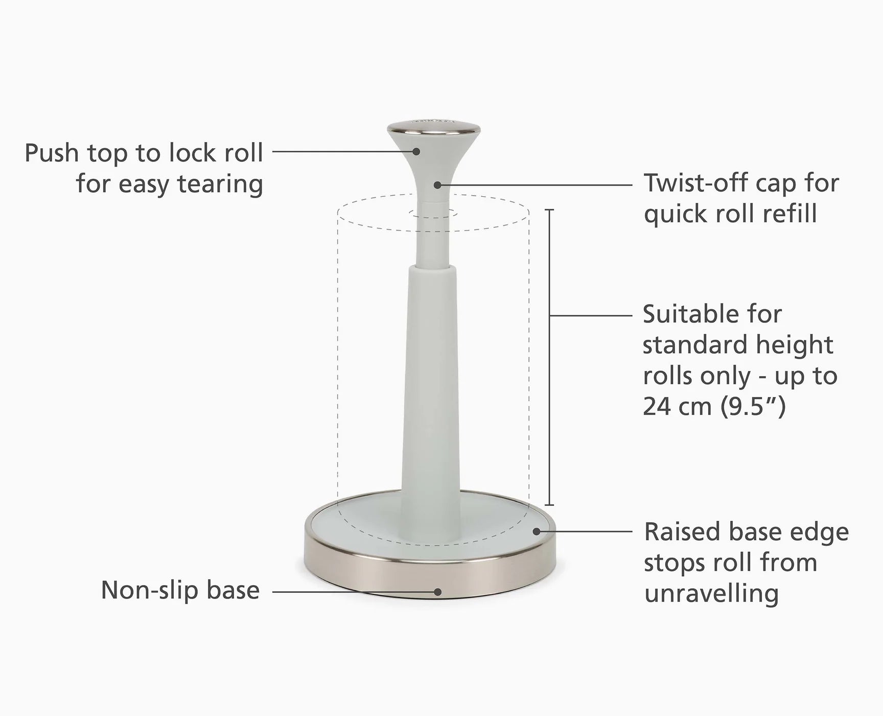 Joseph Joseph Grey Push & Tear Kitchen Roll Holder Towel Pole 851688 (Stone) - Vibe Home