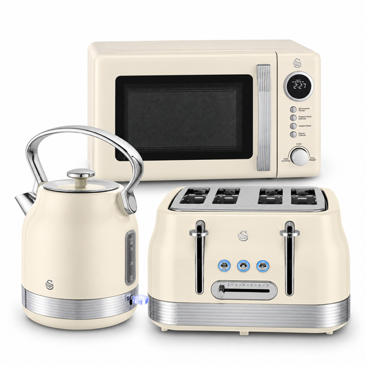 Swan Retro Pyramid Kettle, 4 Slice Toaster & Microwave Kitchen Set (Chantilly Cream)
