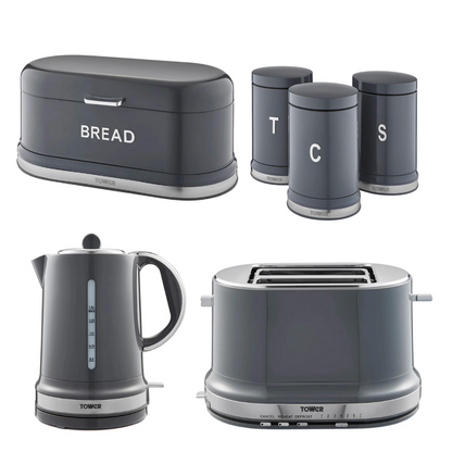 Tower Belle Grey Kitchen Set - Kettle, Toaster, Bread Bin & Canisters