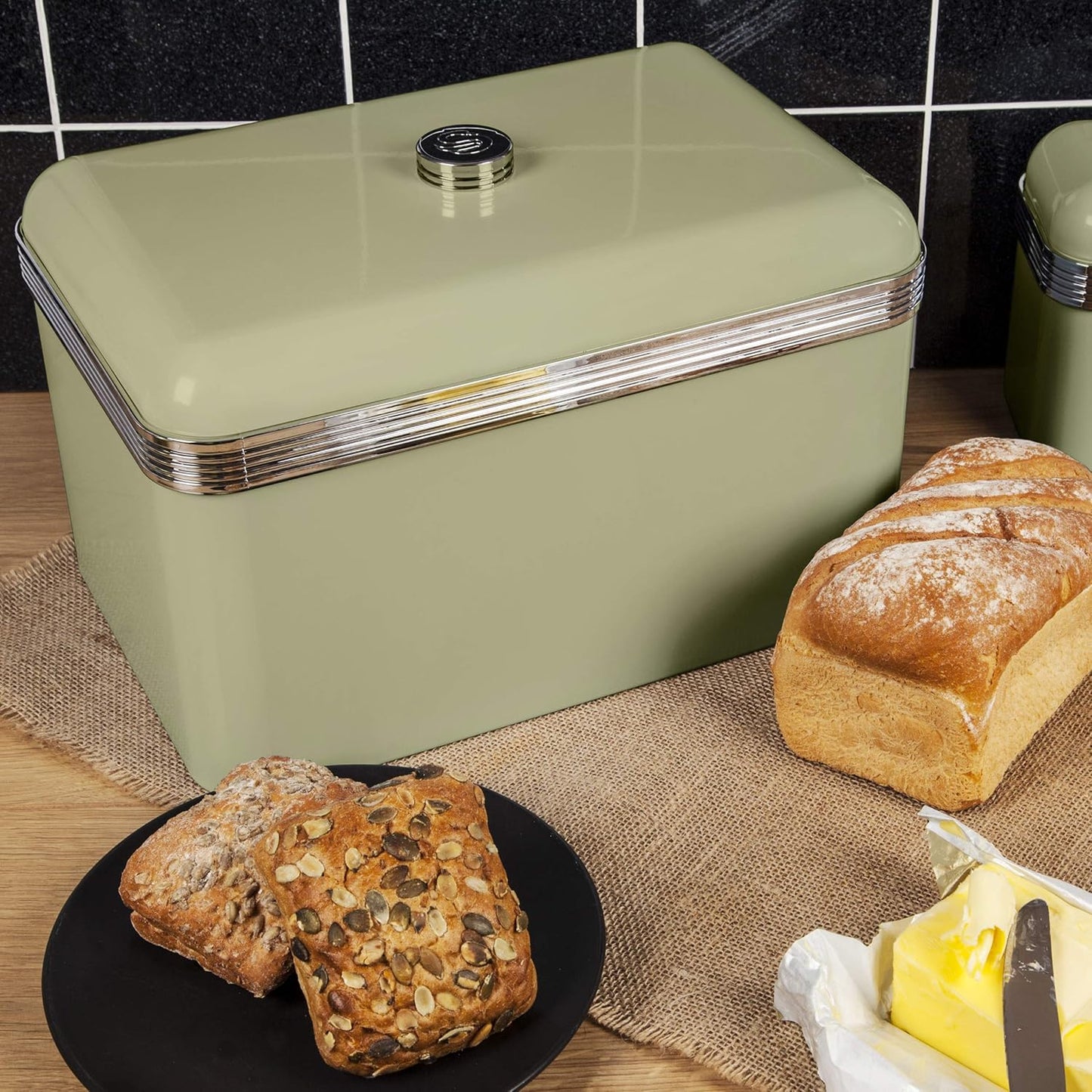 Swan Green Bread Bin Metal Large 18L Stainless Steel Retro SWKA1010GN