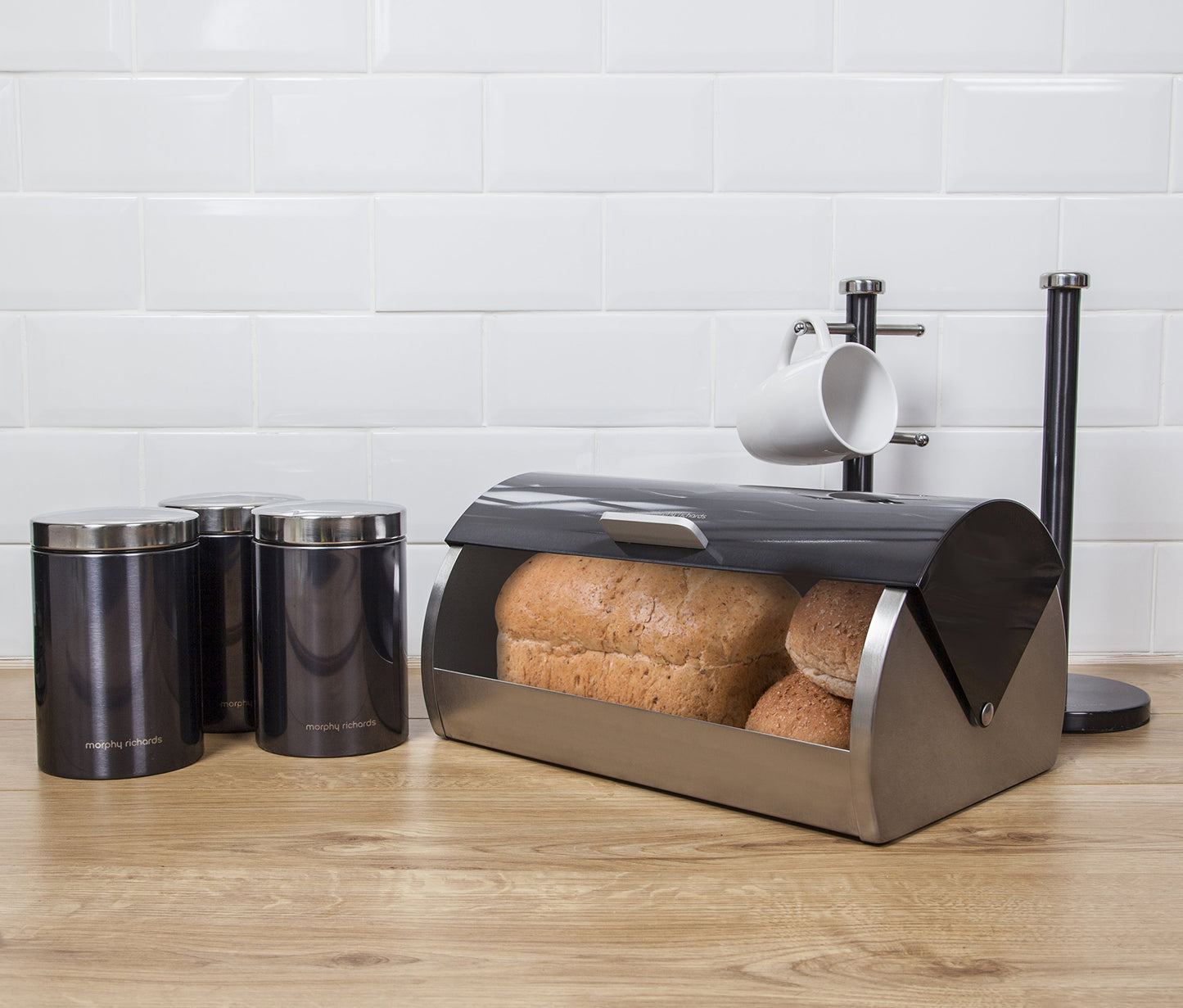 Morphy Richards Accents Bread Bin, Canisters, Towel Pole & Mug Tree Kitchen Set 974101 (Black)