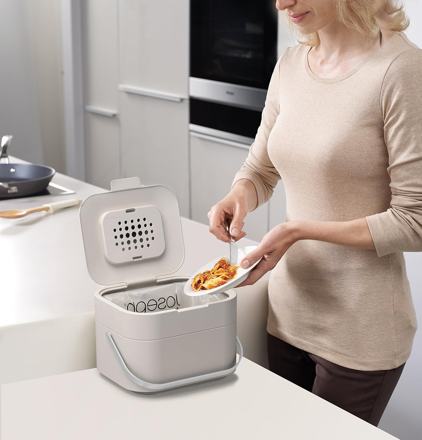 Joseph Joseph Stack 4 Food Waste Caddy with Odour Filter, 4 Litre / 1 Gallon - Stone