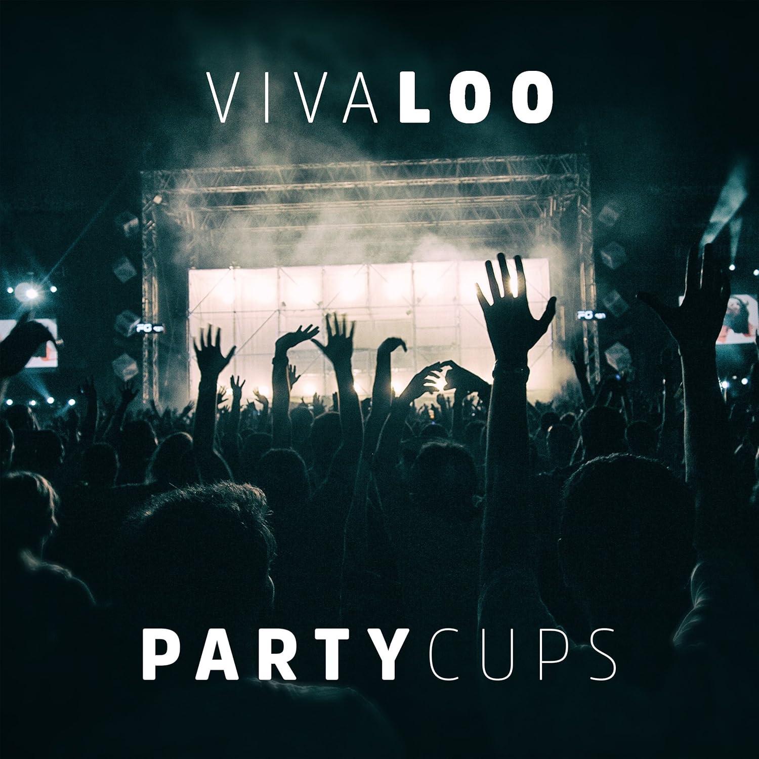 Event crowd with raised hands and “PARTY CUPS” text on a banner