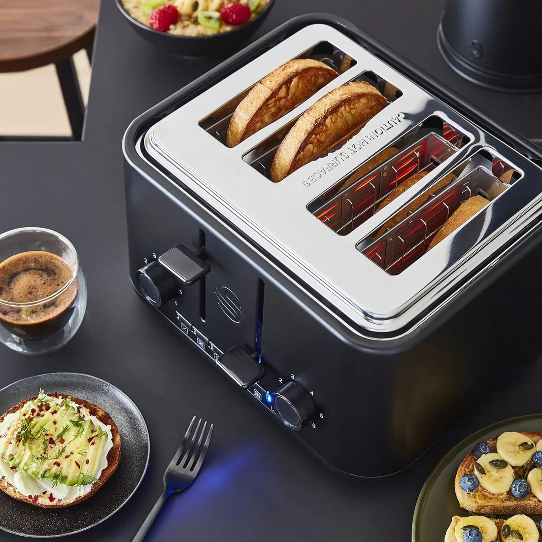 Swan Stealth Kettle, 4 Slice Toaster, Bread Bin & Canisters Kitchen Set (Black)