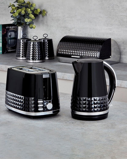 Tower Solitaire Kettle, 2 Slice Toaster, Bread Bin & Canisters Kitchen Set (Black)