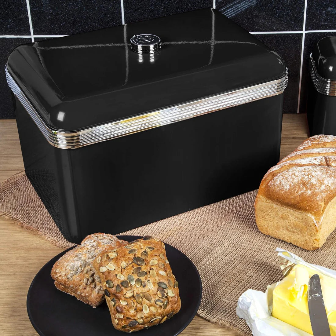 Swan Retro Black Kitchen Set - Kettle, 2 Slice Toaster, Bread Bin, Canisters