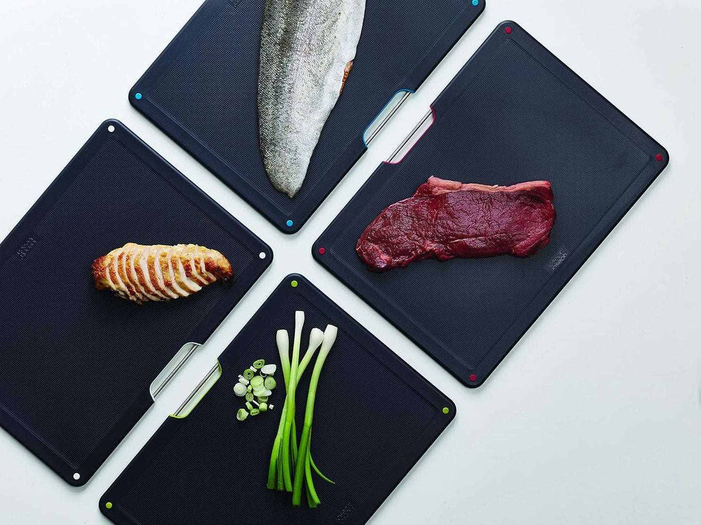 Joseph Joseph Folio 4-Piece Colour-Coded Chopping Board Set, Steel Slimline Case, Large, Carbon Black