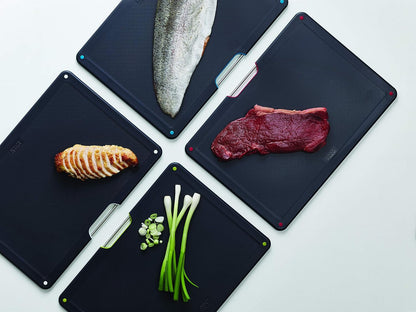Joseph Joseph Folio 4-Piece Colour-Coded Chopping Board Set, Steel Slimline Case, Large, Carbon Black