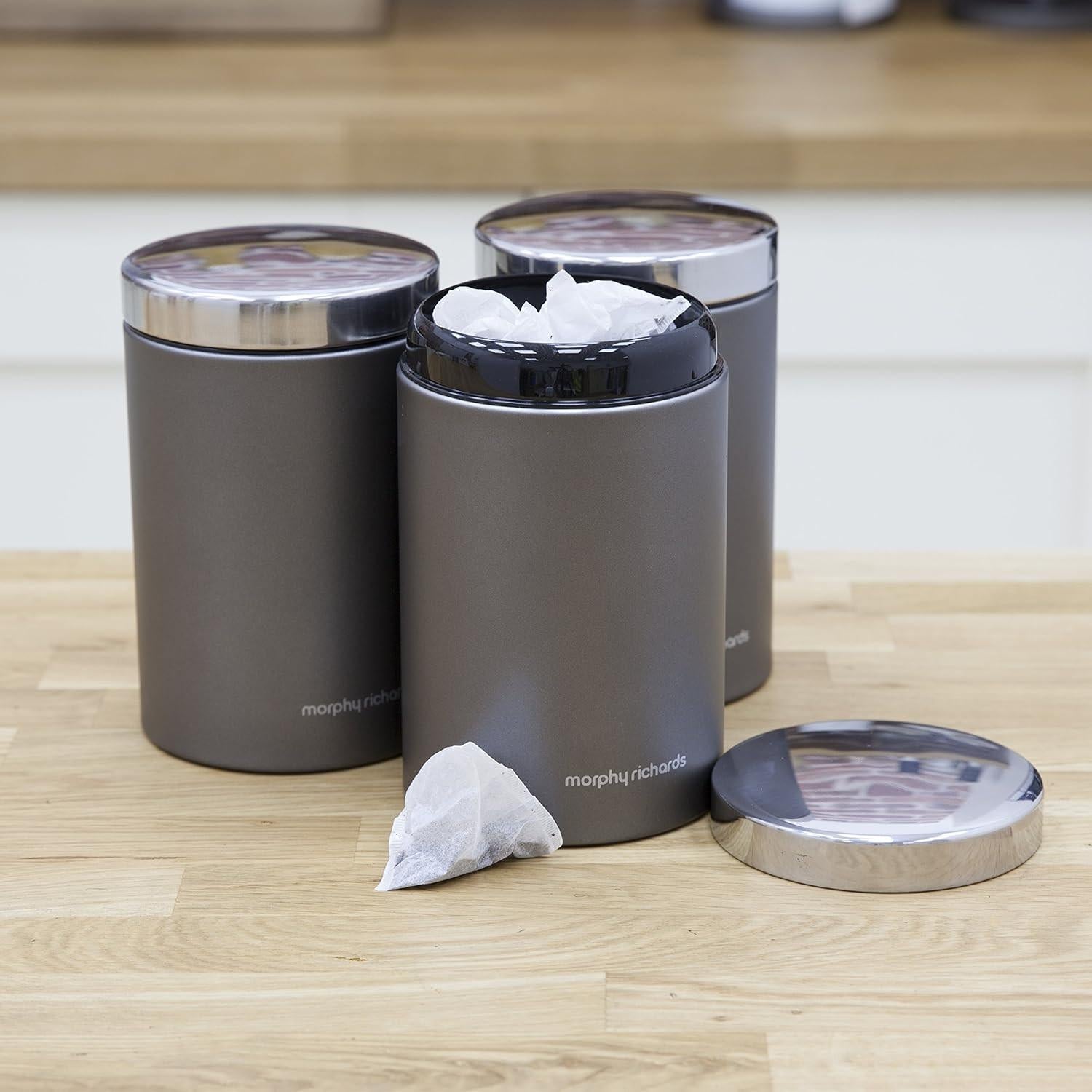 Morphy Richards Accents Bread Bin, Canisters, Towel Pole & Mug Tree Kitchen Set 974113 (Grey).